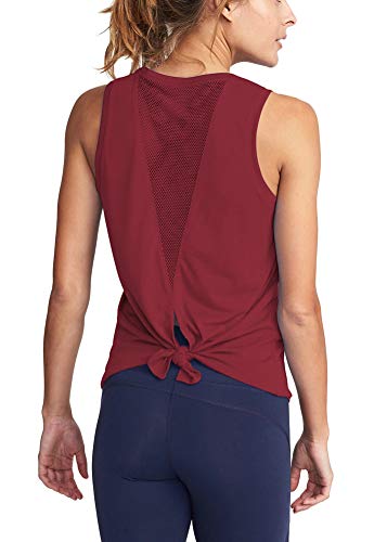 Mippo Workout Tops for Women Mesh Yoga Tops Workout Clothes Sleeveless High Neck Open Back Workout Shirts Tie Back Running Tank Tops Loose Fit Exercise Sports Gym Tops for Women Wine Red M