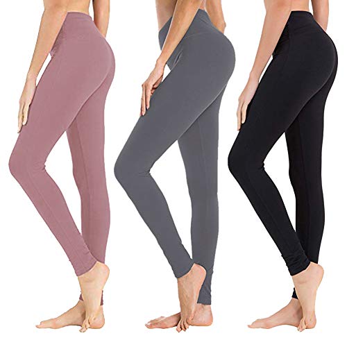 High Waisted Leggings for Women - Soft Athletic Tummy Control Pants for Running Cycling Yoga Workout - Reg & Plus Size (3 Pack Black, Dark Grey, Rosy Brown, One Size (US 2-12))