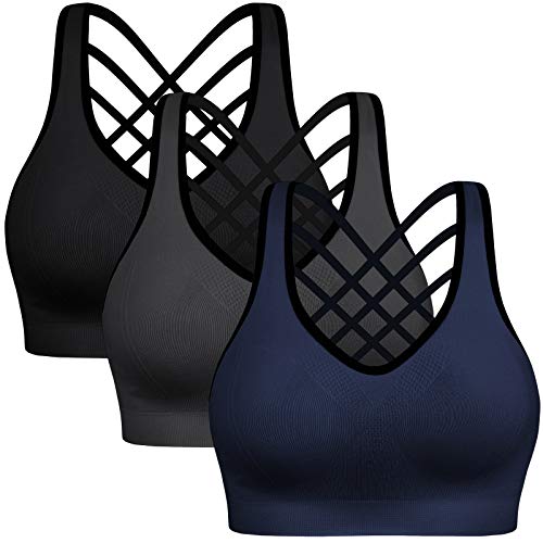Padded Strappy Sports Bras for Women - Activewear Tops for Yoga Running Fitness Color Black Gray Blue Size L