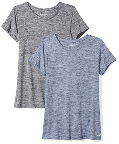 Amazon Essentials Womens 2-Pack Tech Stretch Short-Sleeve Crewneck T-Shirt, -black heather/navy heather, Medium
