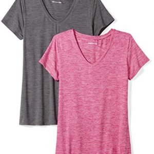 Amazon Essentials Womens 2-Pack Tech Stretch Short-Sleeve V-Neck T-Shirt, Charcoal Radiant Raspberry Heather, Small